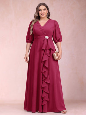 A-Line/Princess V-Neck 3/4 Sleeves Plus Size Mother of the Bride Dresses with Ruffles
