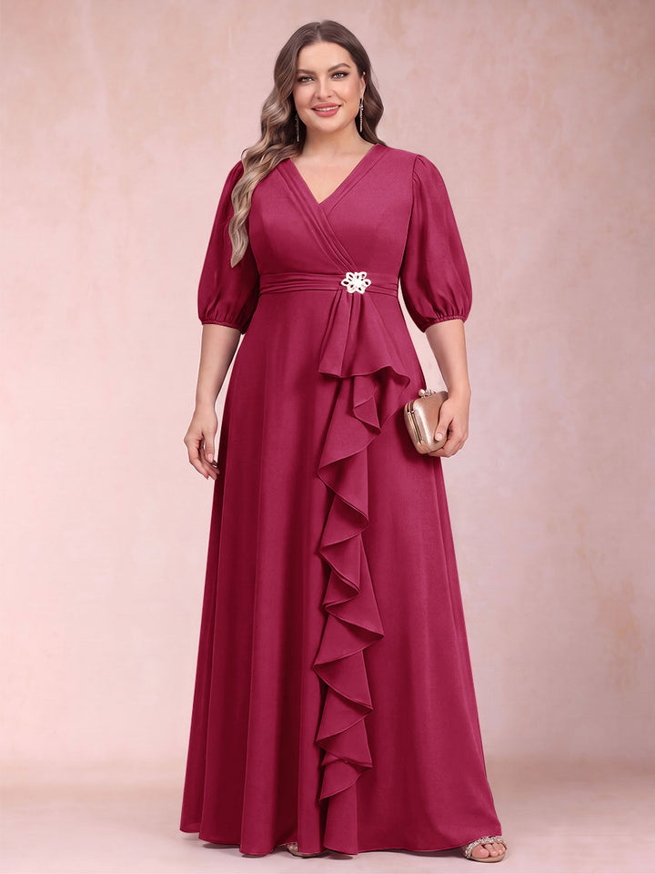 A-Line/Princess V-Neck 3/4 Sleeves Plus Size Mother of the Bride Dresses with Ruffles