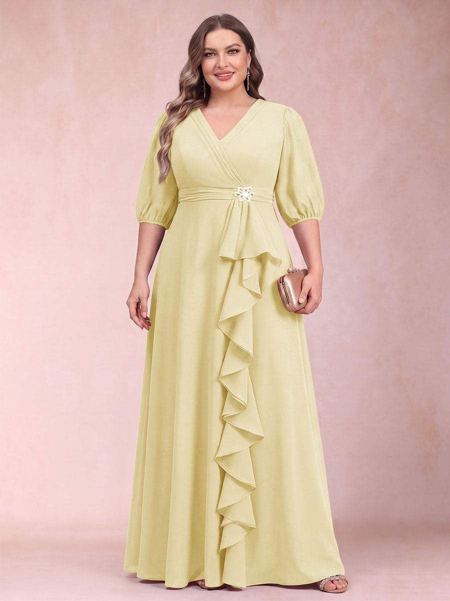 A-Line/Princess V-Neck 3/4 Sleeves Plus Size Mother of the Bride Dresses with Ruffles