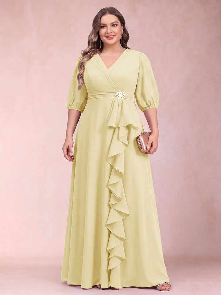 A-Line/Princess V-Neck 3/4 Sleeves Plus Size Mother of the Bride Dresses with Ruffles