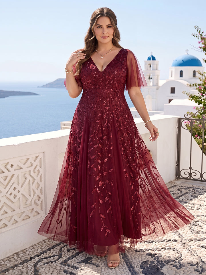 A-Line/Princess Floor-Length Half Sleeves V-Neck Plus Size Mother of the Bride Dresses