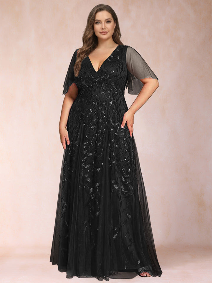 A-Line/Princess Floor-Length Half Sleeves V-Neck Plus Size Mother of the Bride Dresses