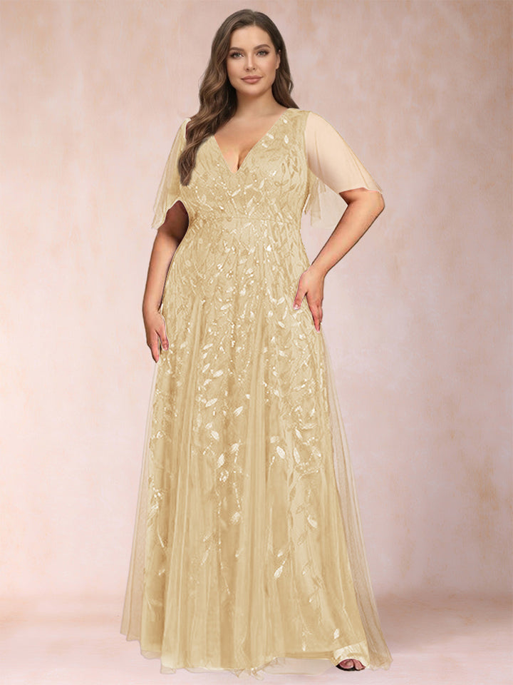 A-Line/Princess Floor-Length Half Sleeves V-Neck Plus Size Mother of the Bride Dresses