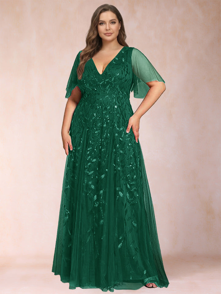 A-Line/Princess Floor-Length Half Sleeves V-Neck Plus Size Mother of the Bride Dresses