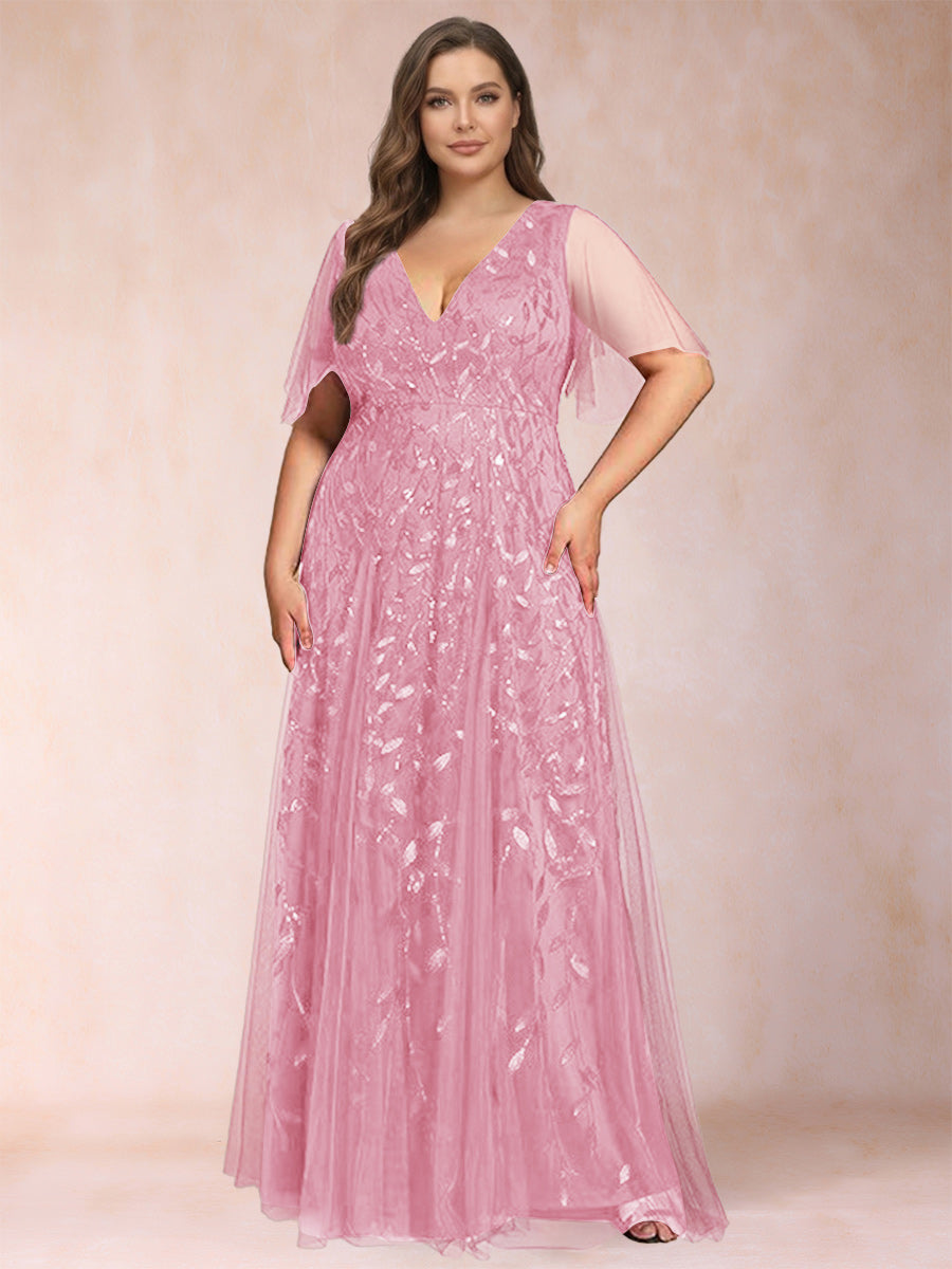 A-Line/Princess Floor-Length Half Sleeves V-Neck Plus Size Mother of the Bride Dresses