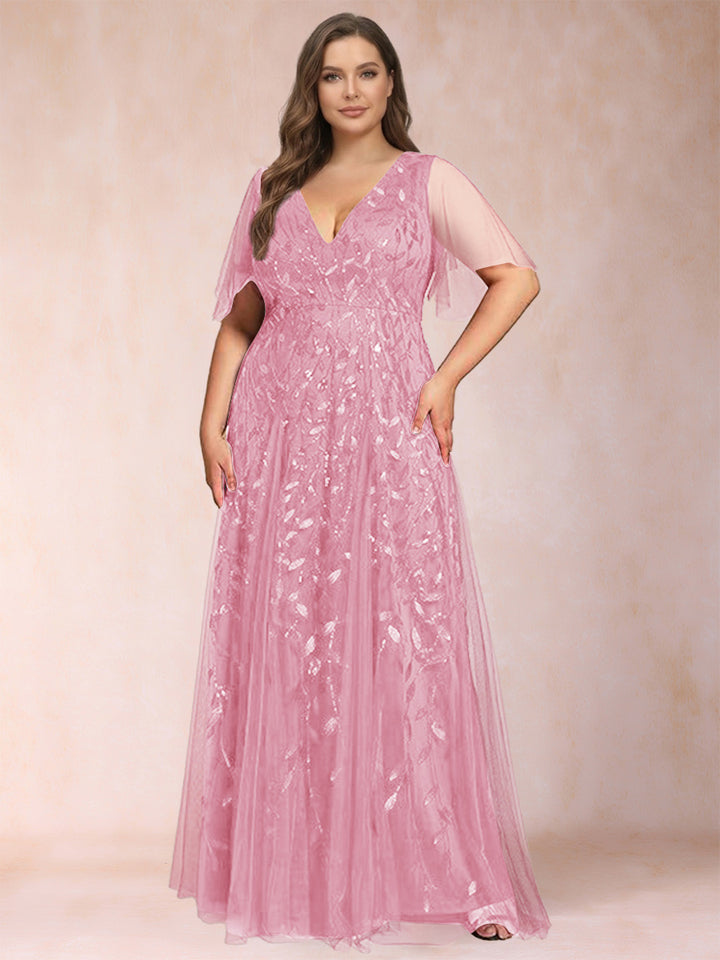 A-Line/Princess Floor-Length Half Sleeves V-Neck Plus Size Mother of the Bride Dresses