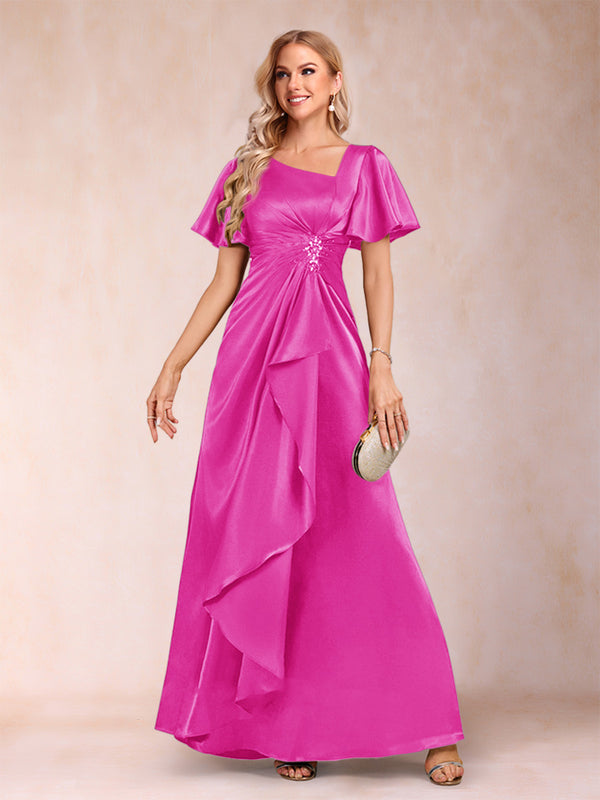 A-Line/Princess V-Neck Short Sleeves Mother of the Bride Dresses with Sash