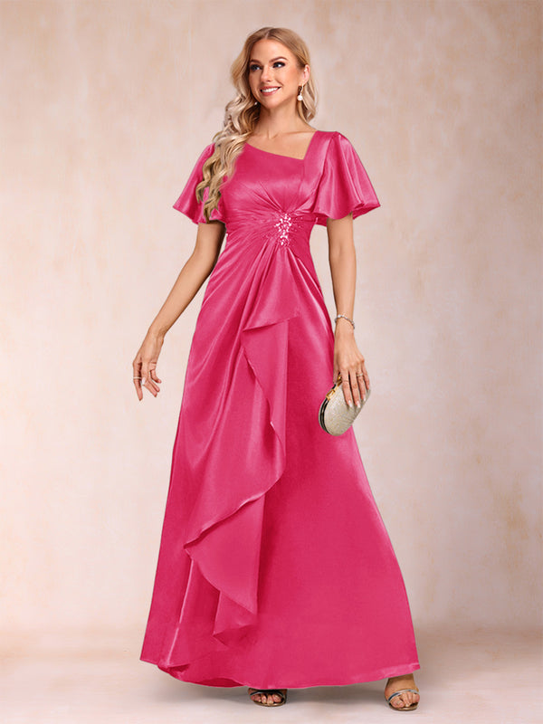 A-Line/Princess V-Neck Short Sleeves Mother of the Bride Dresses with Sash