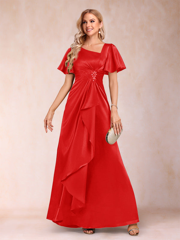 A-Line/Princess V-Neck Short Sleeves Mother of the Bride Dresses with Sash