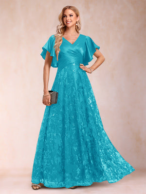 A-Line/Princess V-Neck Short Sleeves Mother of the Bride Dresses with Lace