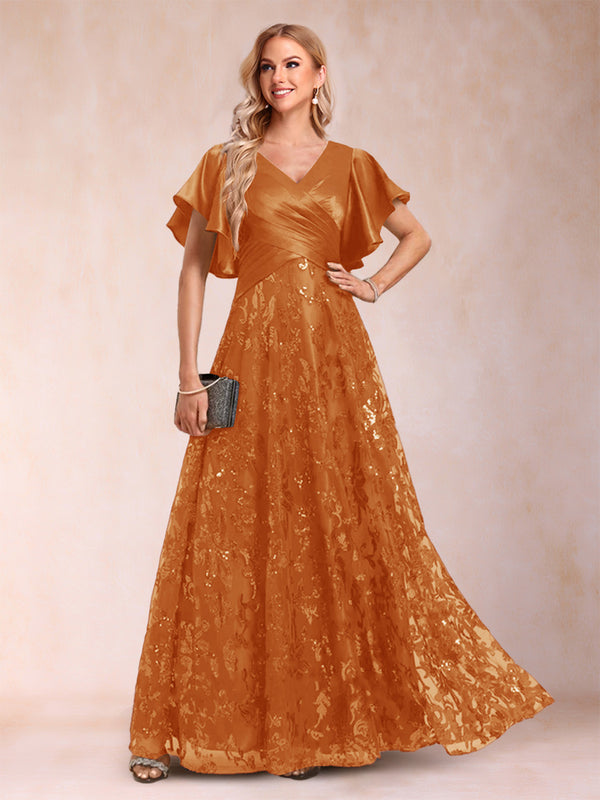 A-Line/Princess V-Neck Short Sleeves Mother of the Bride Dresses with Lace