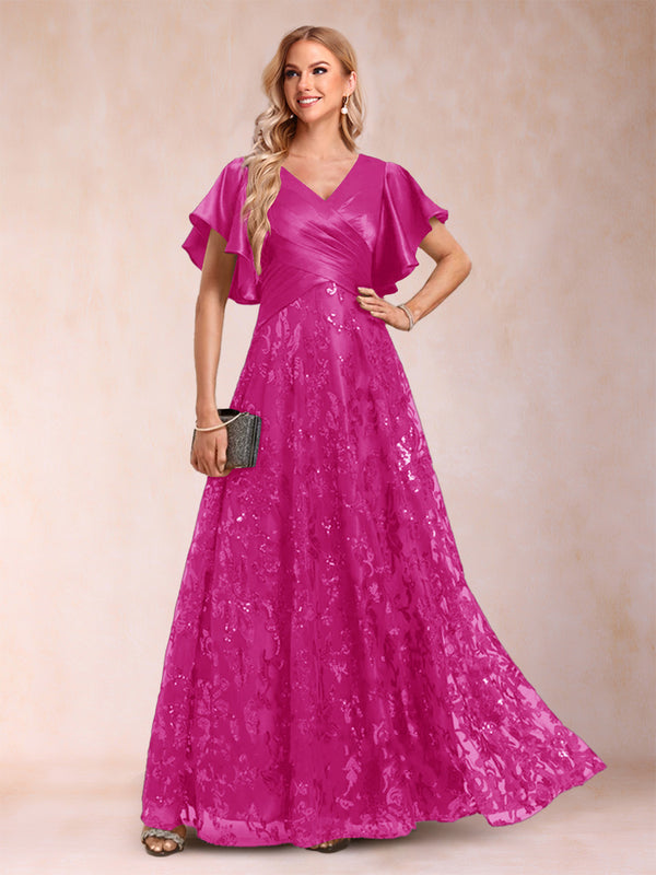 A-Line/Princess V-Neck Short Sleeves Mother of the Bride Dresses with Lace