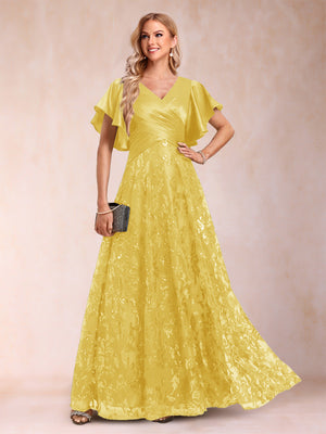 A-Line/Princess V-Neck Short Sleeves Mother of the Bride Dresses with Lace