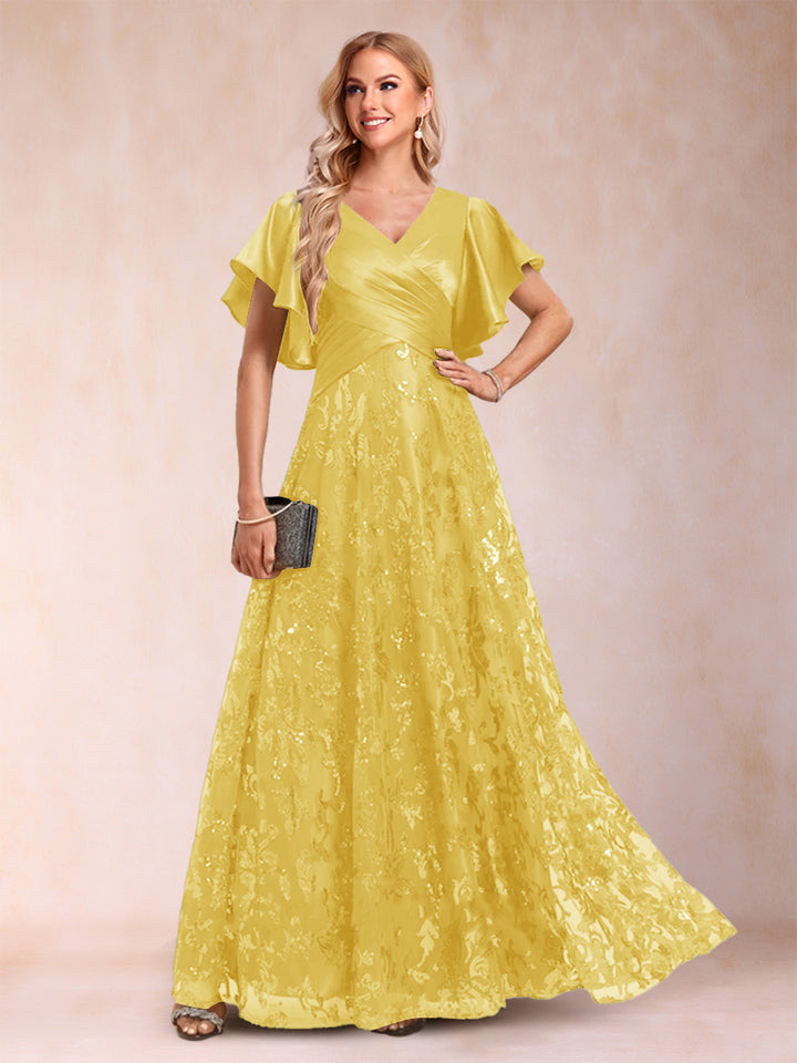 A-Line/Princess V-Neck Short Sleeves Mother of the Bride Dresses with Lace