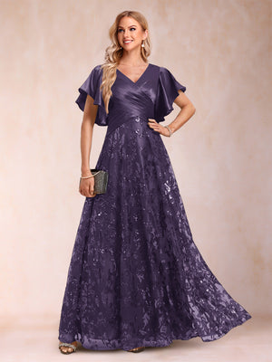 A-Line/Princess V-Neck Short Sleeves Mother of the Bride Dresses with Lace