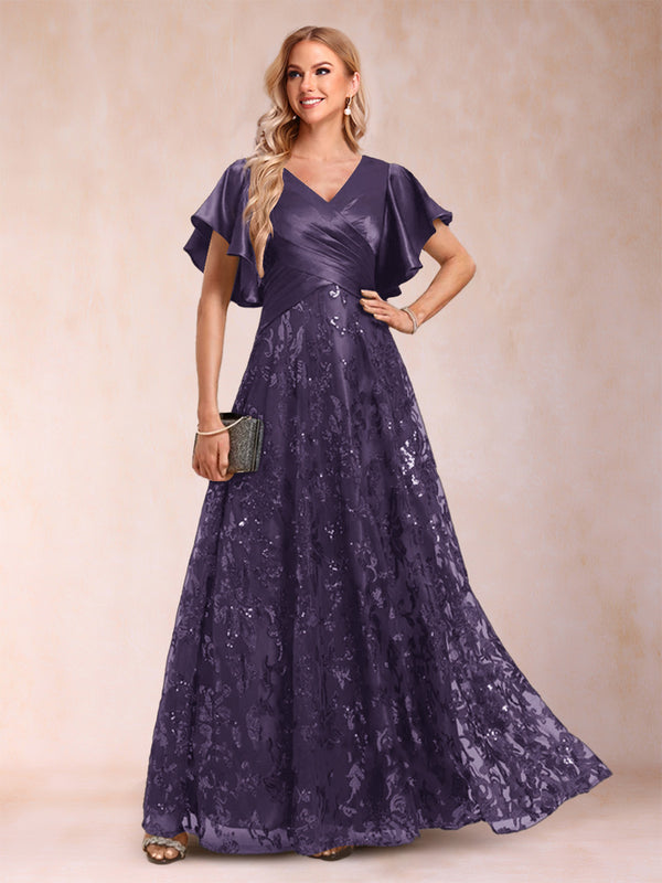 A-Line/Princess V-Neck Short Sleeves Mother of the Bride Dresses with Lace