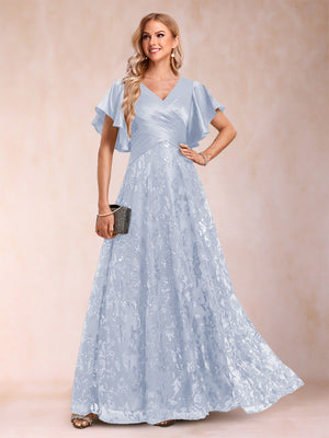 A-Line/Princess V-Neck Short Sleeves Mother of the Bride Dresses with Lace