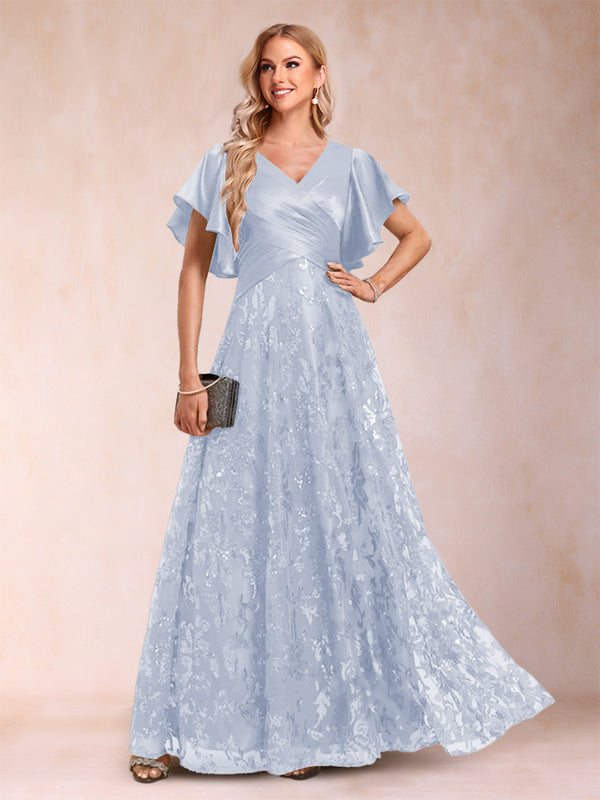 A-Line/Princess V-Neck Short Sleeves Mother of the Bride Dresses with Lace