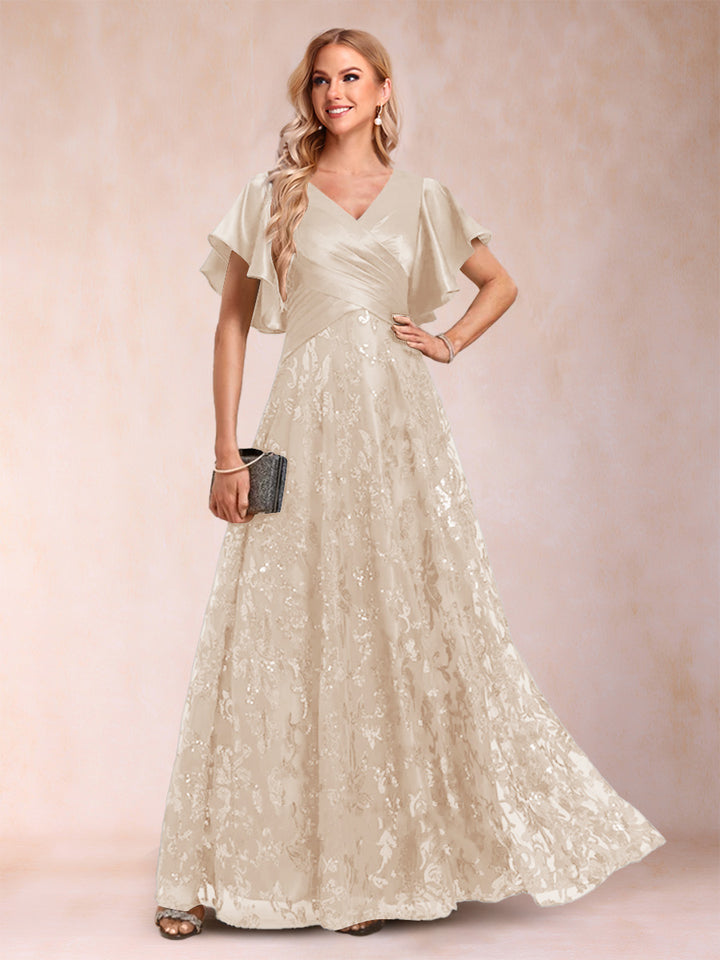 A-Line/Princess V-Neck Short Sleeves Mother of the Bride Dresses with Lace