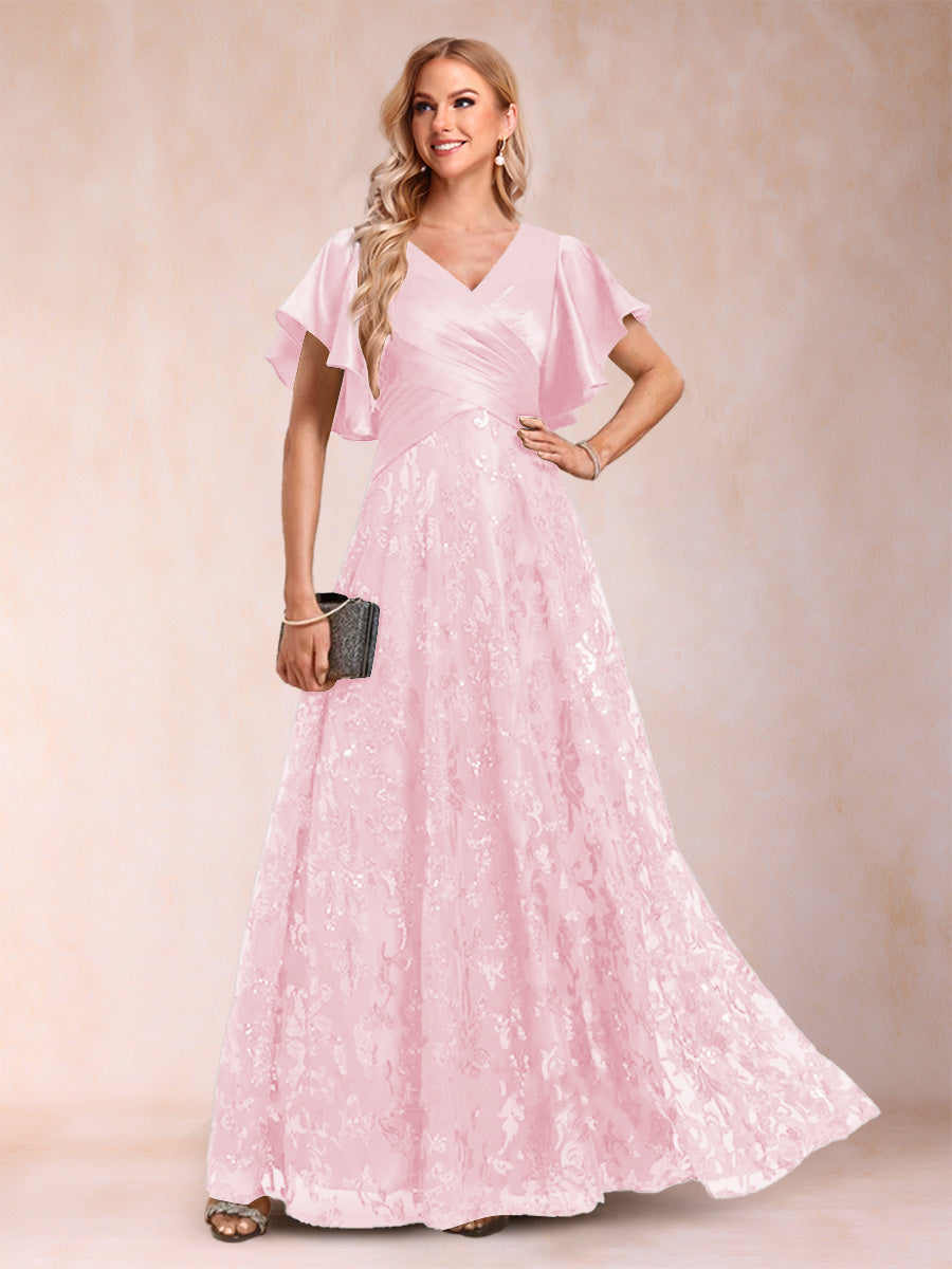 A-Line/Princess V-Neck Short Sleeves Mother of the Bride Dresses with Lace