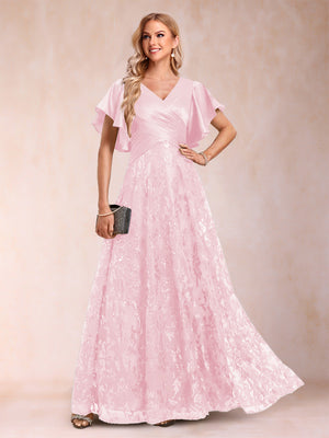 A-Line/Princess V-Neck Short Sleeves Mother of the Bride Dresses with Lace