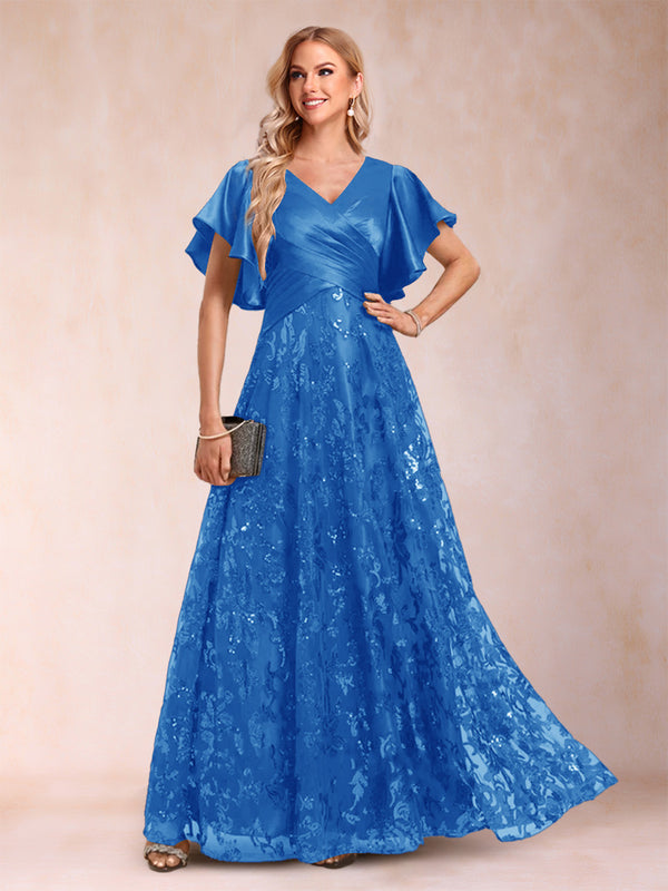 A-Line/Princess V-Neck Short Sleeves Mother of the Bride Dresses with Lace