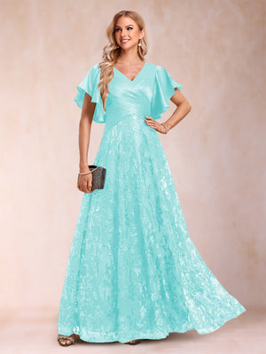 A-Line/Princess V-Neck Short Sleeves Mother of the Bride Dresses with Lace