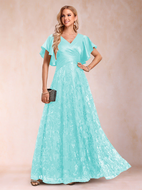 A-Line/Princess V-Neck Short Sleeves Mother of the Bride Dresses with Lace