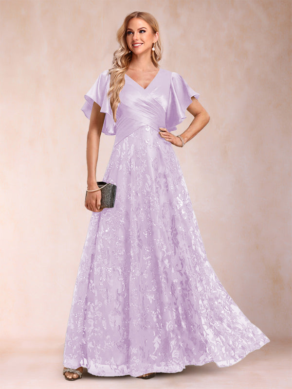 A-Line/Princess V-Neck Short Sleeves Mother of the Bride Dresses with Lace