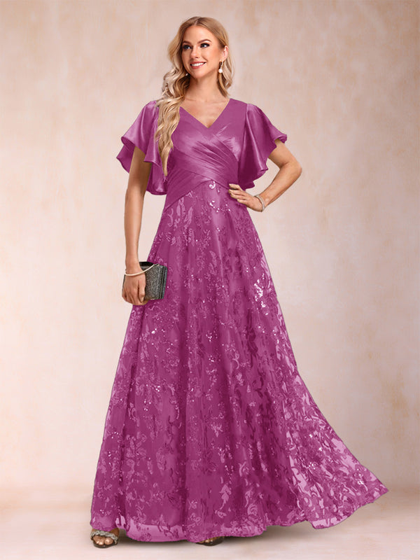 A-Line/Princess V-Neck Short Sleeves Mother of the Bride Dresses with Lace