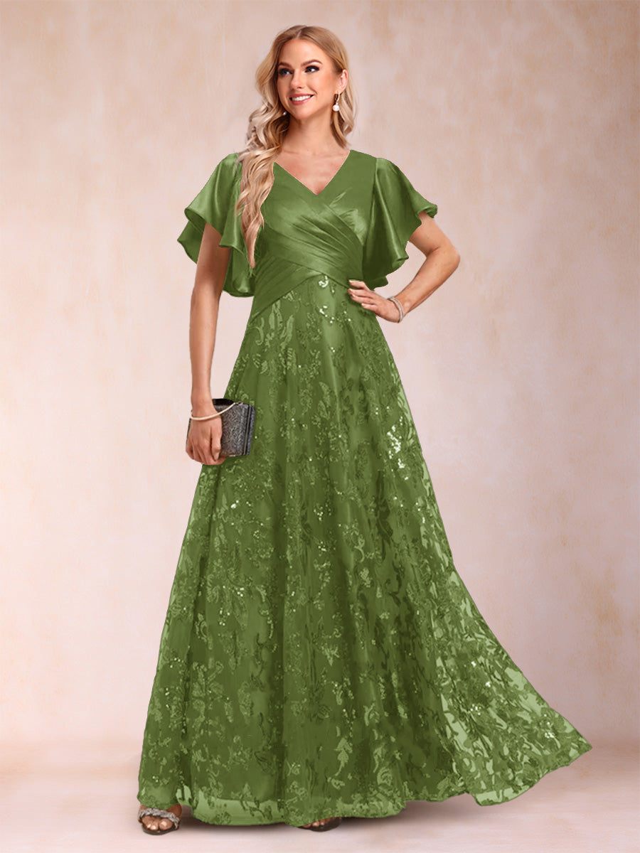 A-Line/Princess V-Neck Short Sleeves Mother of the Bride Dresses with Lace