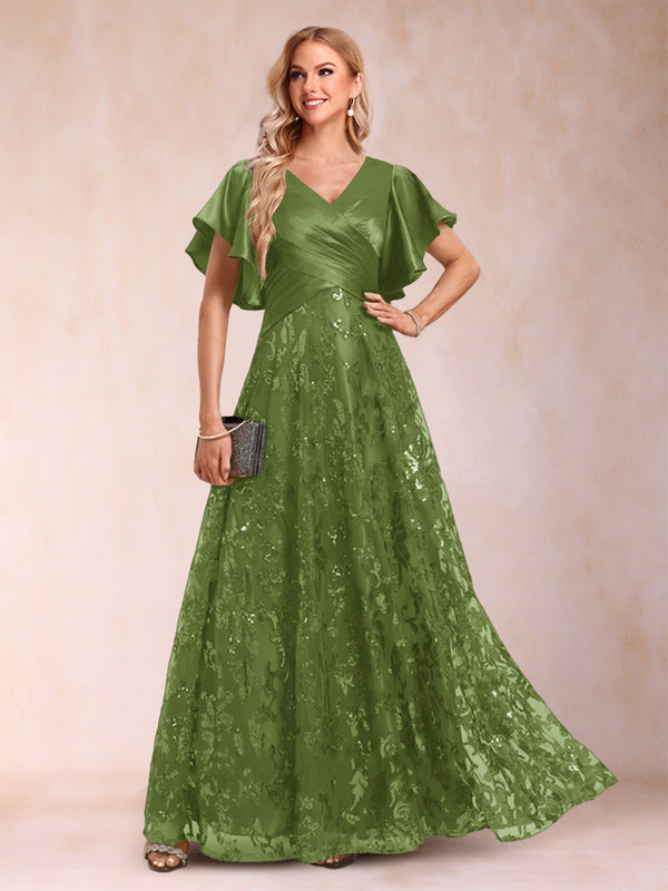 A-Line/Princess V-Neck Short Sleeves Mother of the Bride Dresses with Lace