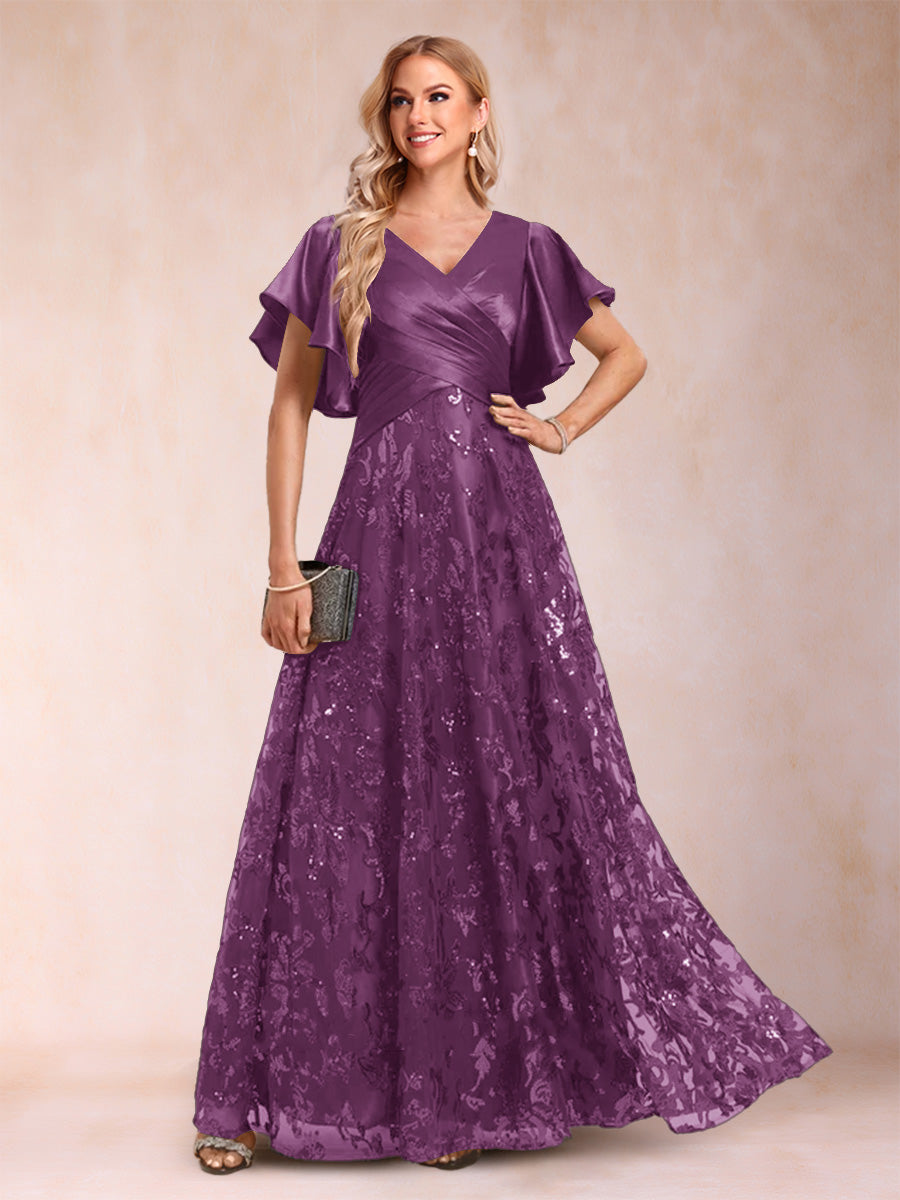 A-Line/Princess V-Neck Short Sleeves Mother of the Bride Dresses with Lace