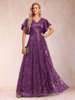 A-Line/Princess V-Neck Short Sleeves Mother of the Bride Dresses with Lace