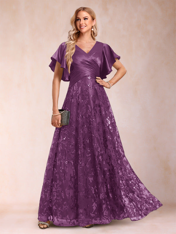 A-Line/Princess V-Neck Short Sleeves Mother of the Bride Dresses with Lace