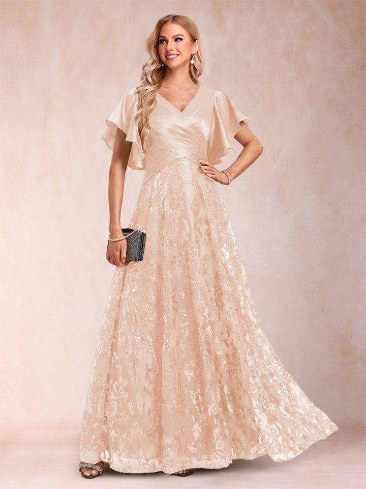 A-Line/Princess V-Neck Short Sleeves Mother of the Bride Dresses with Lace
