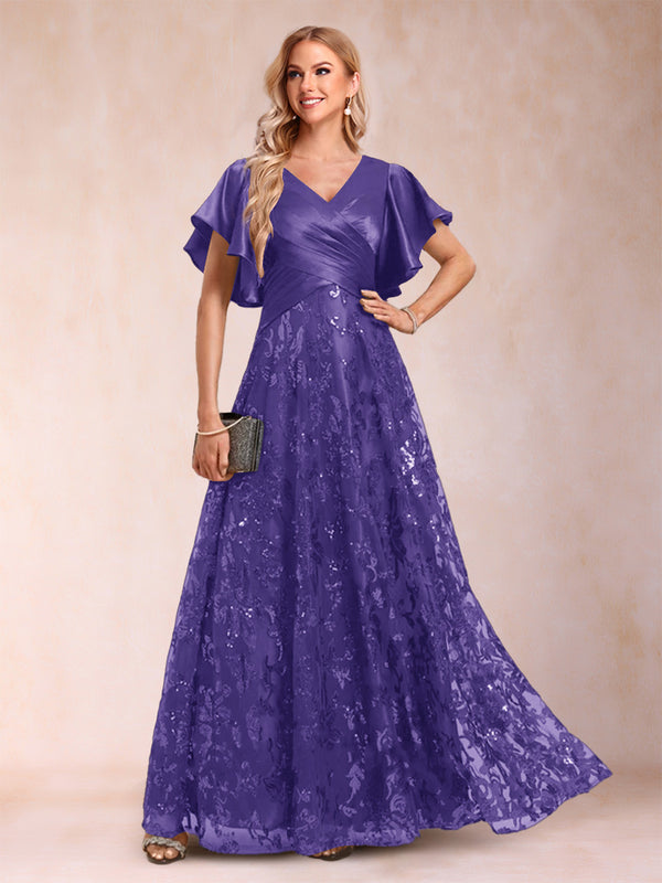 A-Line/Princess V-Neck Short Sleeves Mother of the Bride Dresses with Lace