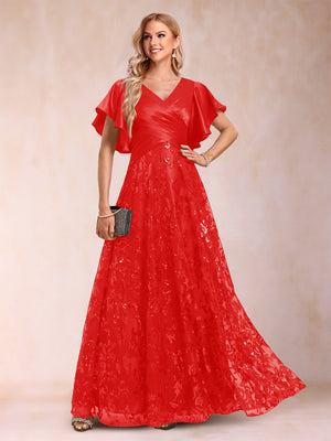 A-Line/Princess V-Neck Short Sleeves Mother of the Bride Dresses with Lace