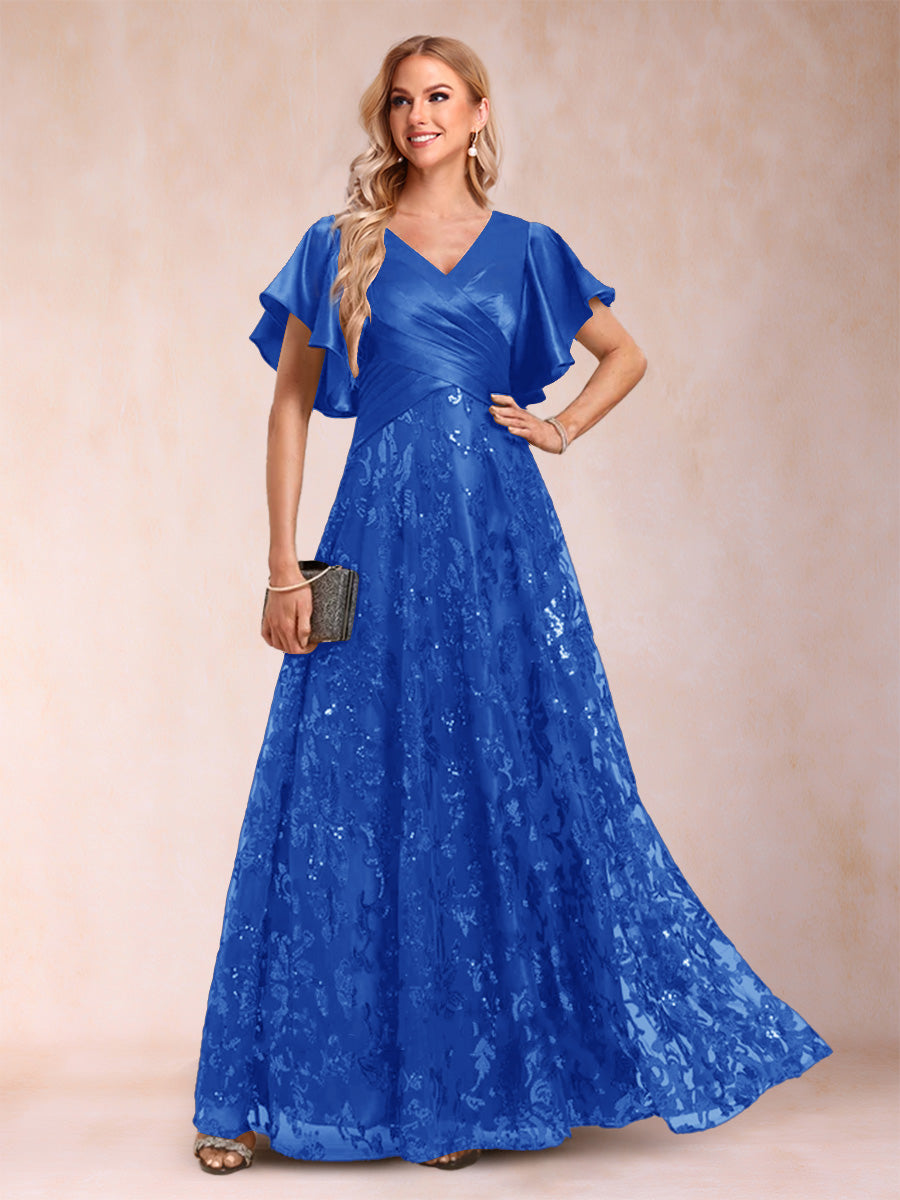 A-Line/Princess V-Neck Short Sleeves Mother of the Bride Dresses with Lace