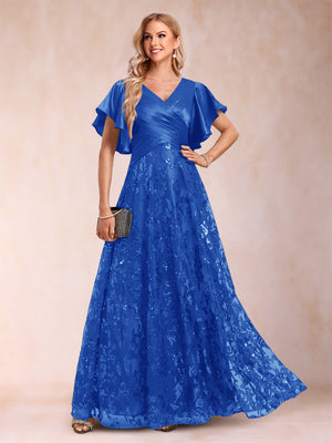 A-Line/Princess V-Neck Short Sleeves Mother of the Bride Dresses with Lace