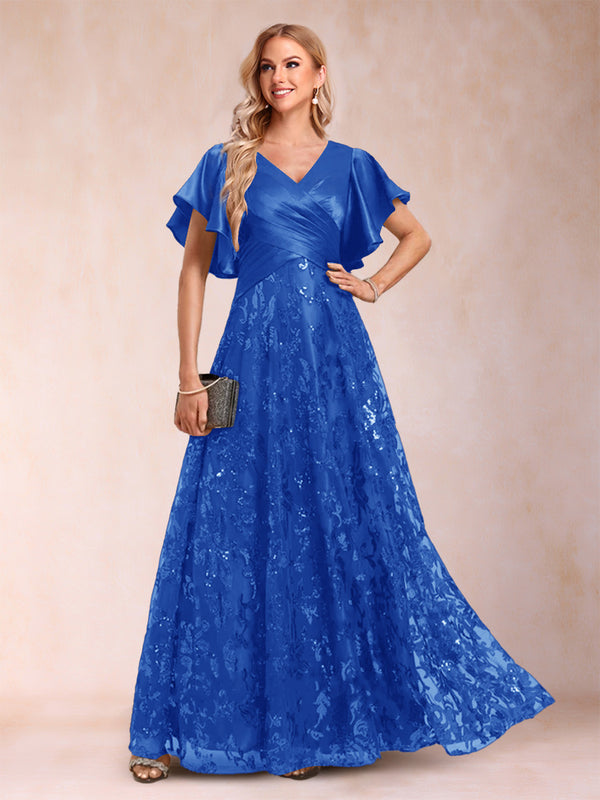 A-Line/Princess V-Neck Short Sleeves Mother of the Bride Dresses with Lace