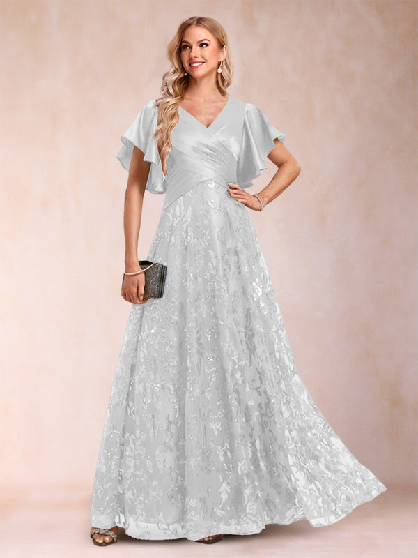 A-Line/Princess V-Neck Short Sleeves Mother of the Bride Dresses with Lace