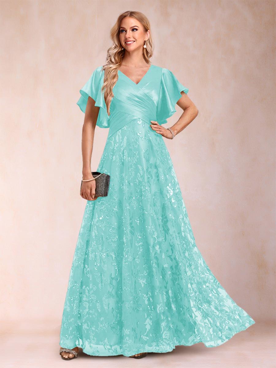 A-Line/Princess V-Neck Short Sleeves Mother of the Bride Dresses with Lace