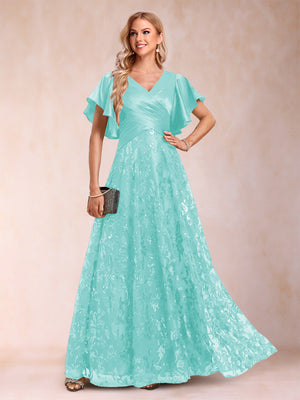 A-Line/Princess V-Neck Short Sleeves Mother of the Bride Dresses with Lace