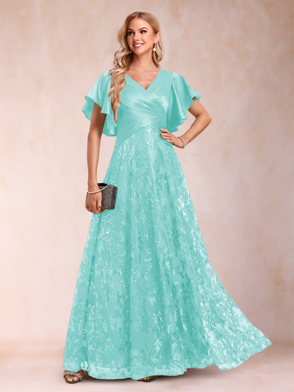 A-Line/Princess V-Neck Short Sleeves Mother of the Bride Dresses with Lace