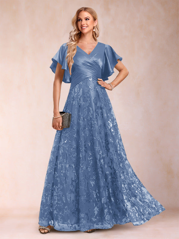 A-Line/Princess V-Neck Short Sleeves Mother of the Bride Dresses with Lace