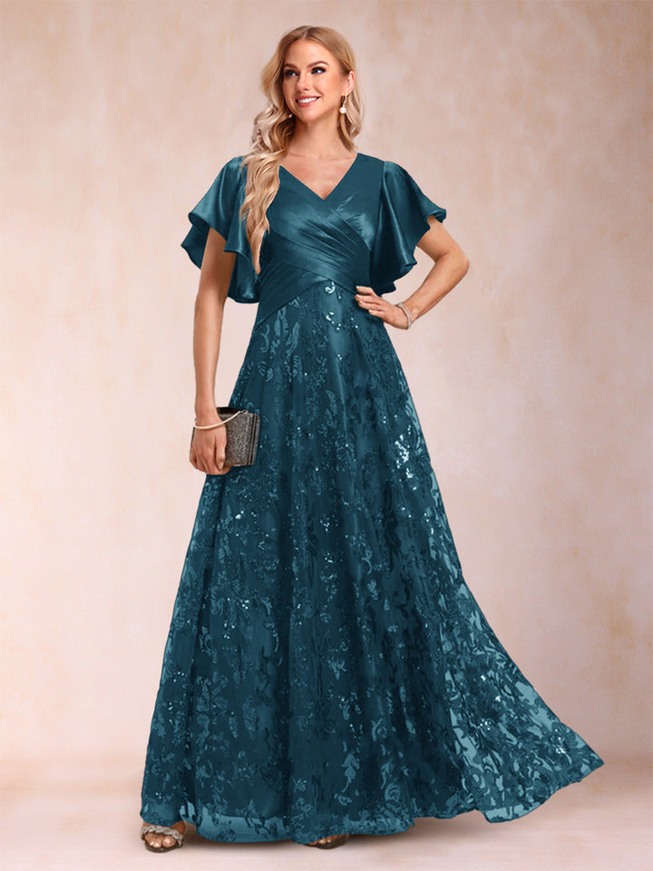 A-Line/Princess V-Neck Short Sleeves Mother of the Bride Dresses with Lace