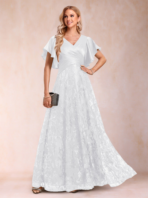 A-Line/Princess V-Neck Short Sleeves Mother of the Bride Dresses with Lace