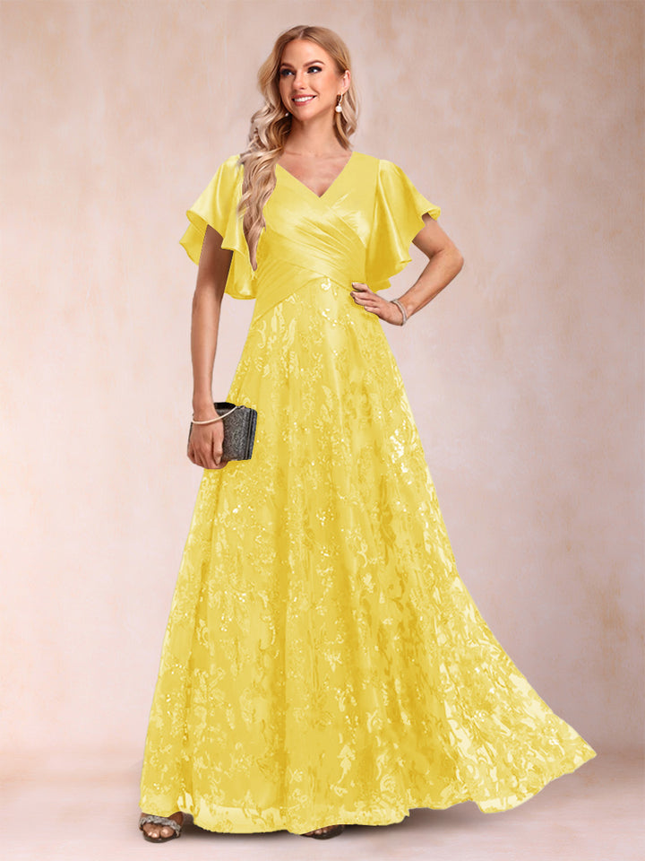 A-Line/Princess V-Neck Short Sleeves Mother of the Bride Dresses with Lace