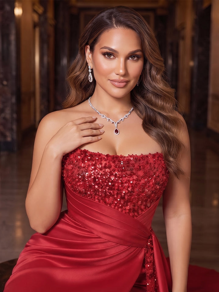 Sheath/Column Strapless Sleeveless Plus Size Evening Dresses with Split Side &amp; Ruched